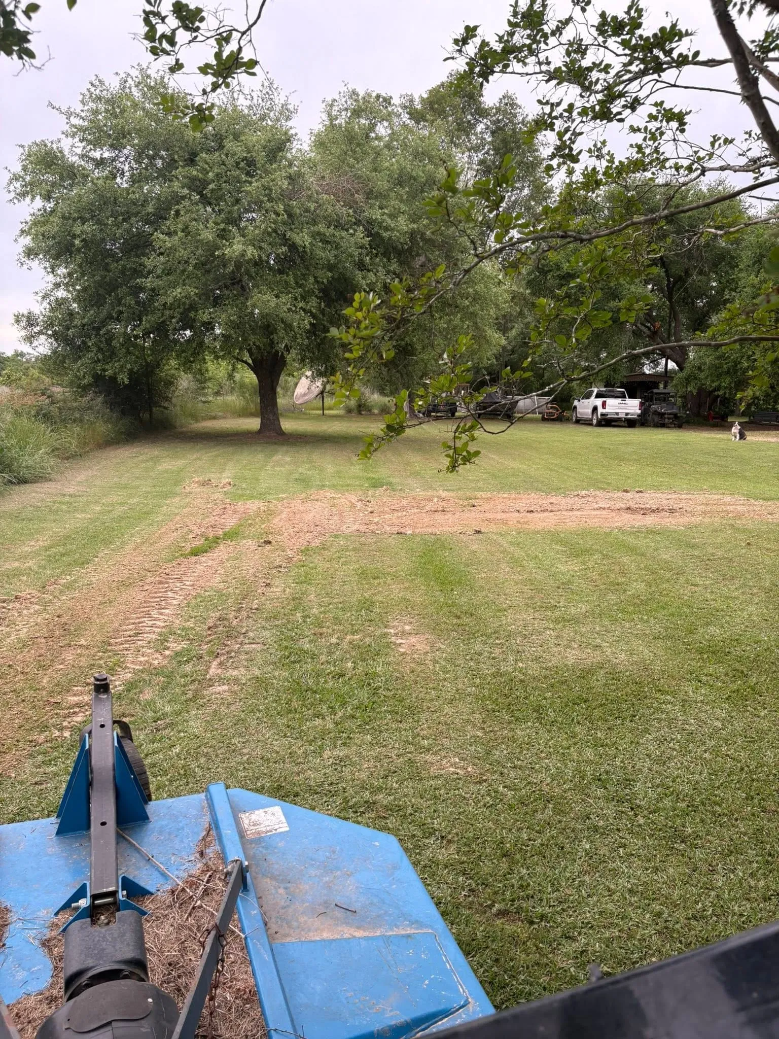 Tractor with a rotary cutter mowing a large yard under shade trees