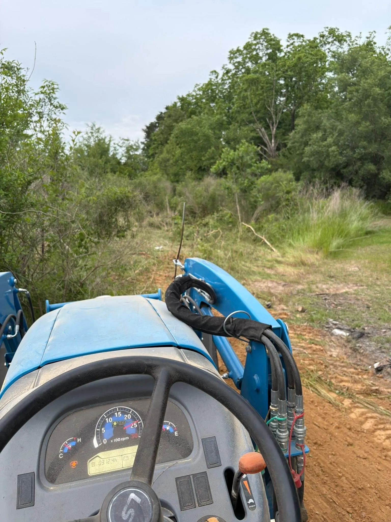 View from a tractor clearing heavy wooded overgrowth and saplings